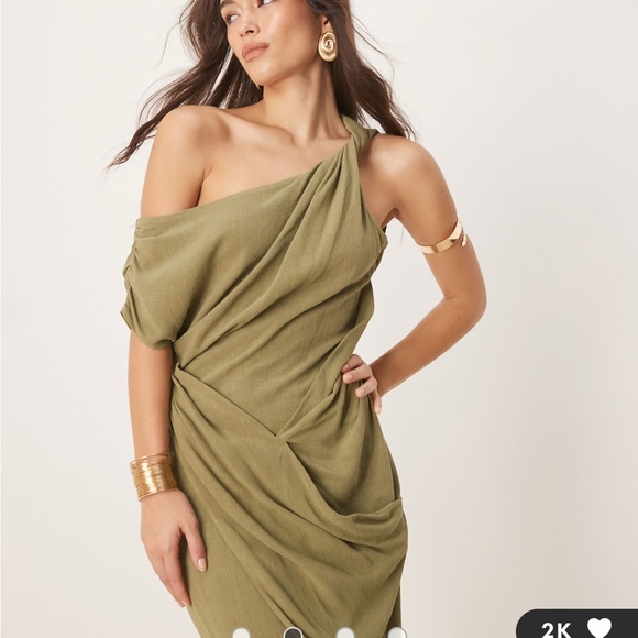 ASOS Dresses & Skirts - Olive Green One-Shoulder Linen Blend Midi Dress